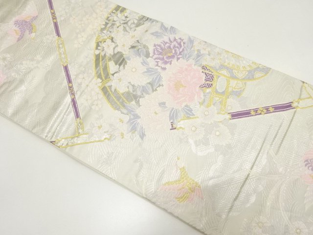 JAPANESE KIMONO / FUKURO OBI / PLATINUM FOIL / WOVEN PHOENIX & FLOWER CART